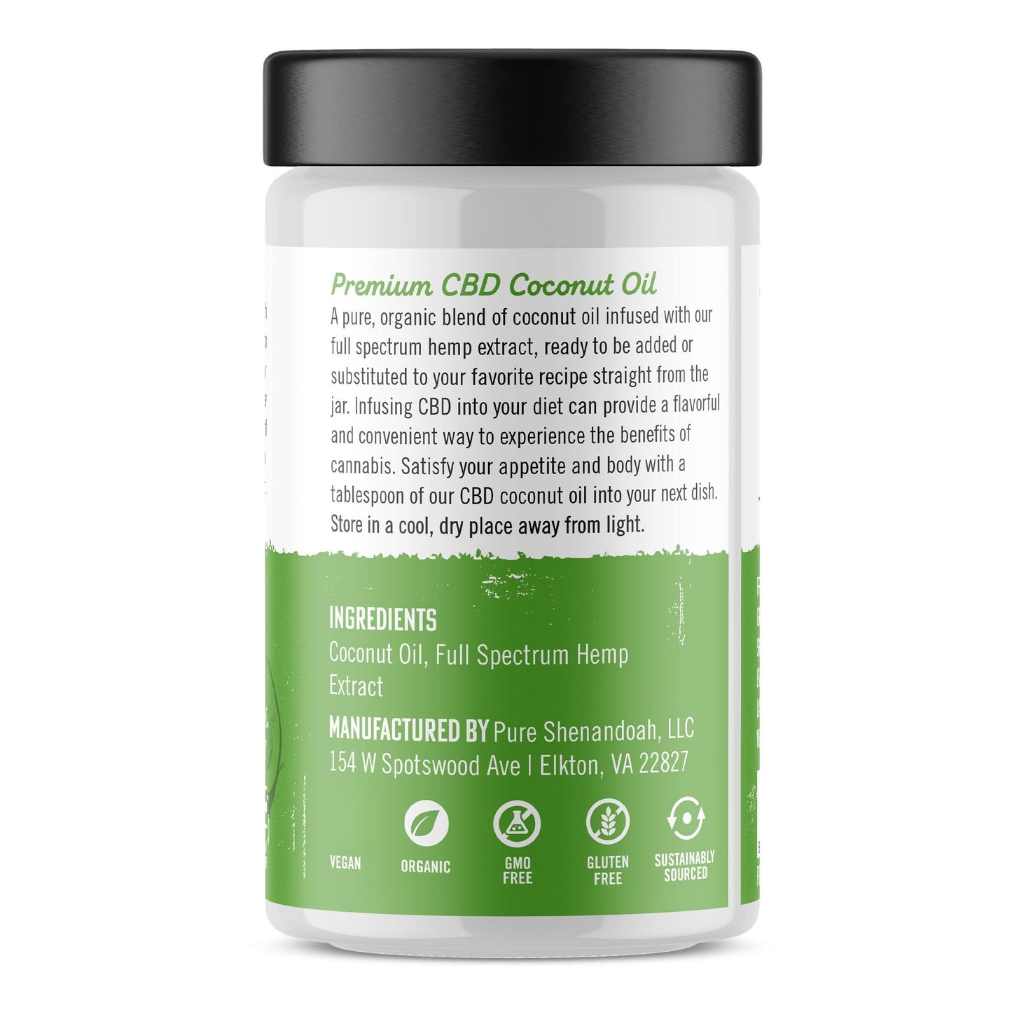 Back view of Pure Shenandoah Infuse CBD Coconut Oil 10 fl oz jar with 750 mg CBD, showing product description, ingredients, and certifications on the green label.