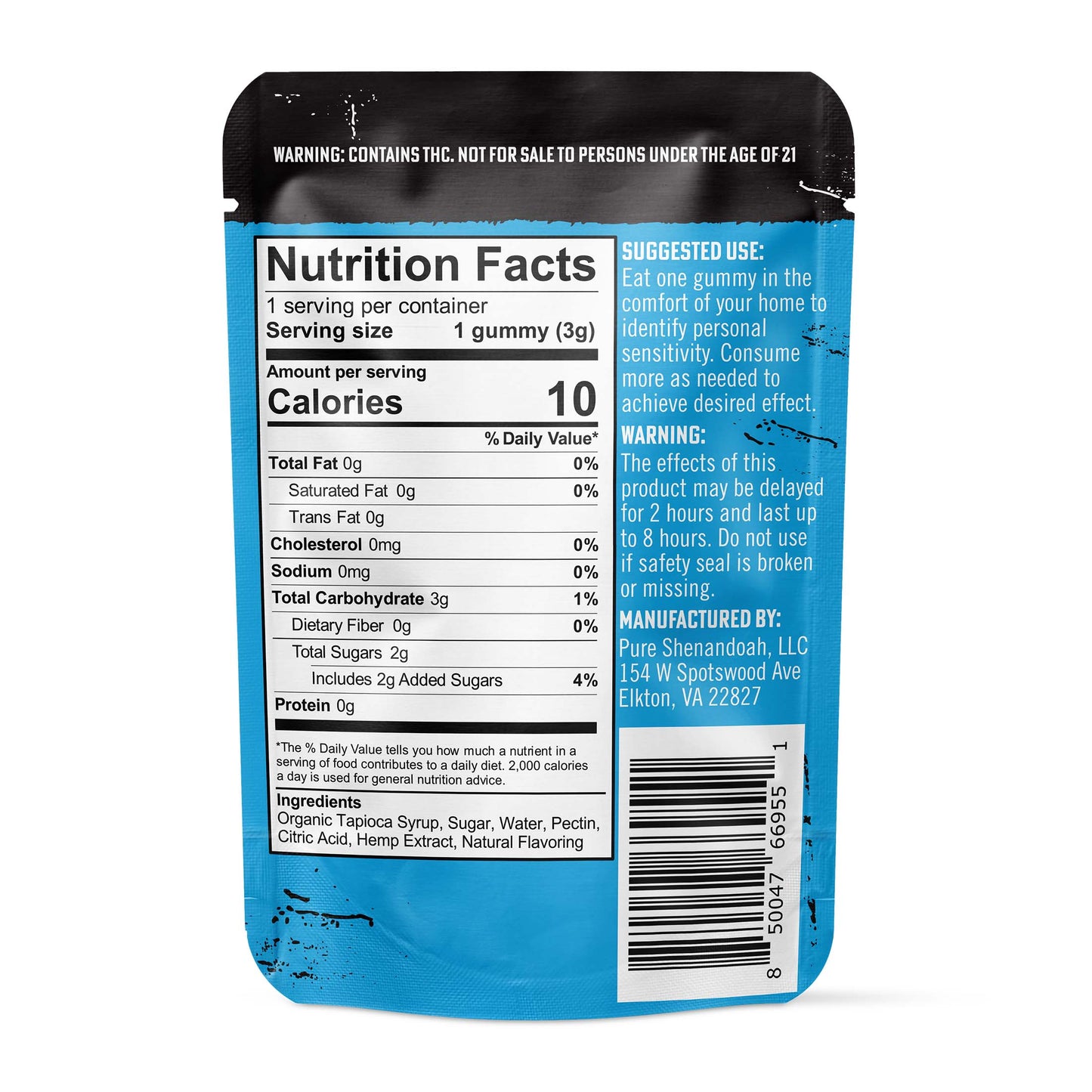 Back of Pure Shenandoah Micro Dose THC Gummy Blue Raspberry pouch, showing nutrition facts, ingredients, and usage information.