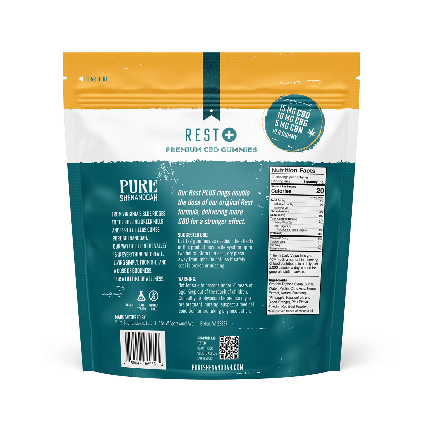 Back view of Pure Shenandoah Rest Plus CBD Gummies 30-count pouch, tropical mix flavor, showing nutrition facts, ingredients, suggested use, and product details on teal and orange packaging.