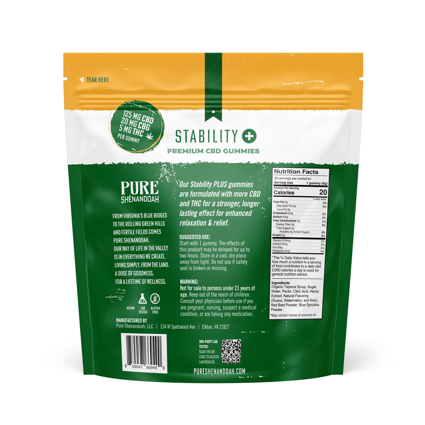 Back of Pure Shenandoah Stability Plus CBD Gummies bag showing nutrition facts, dosage instructions, and product details.