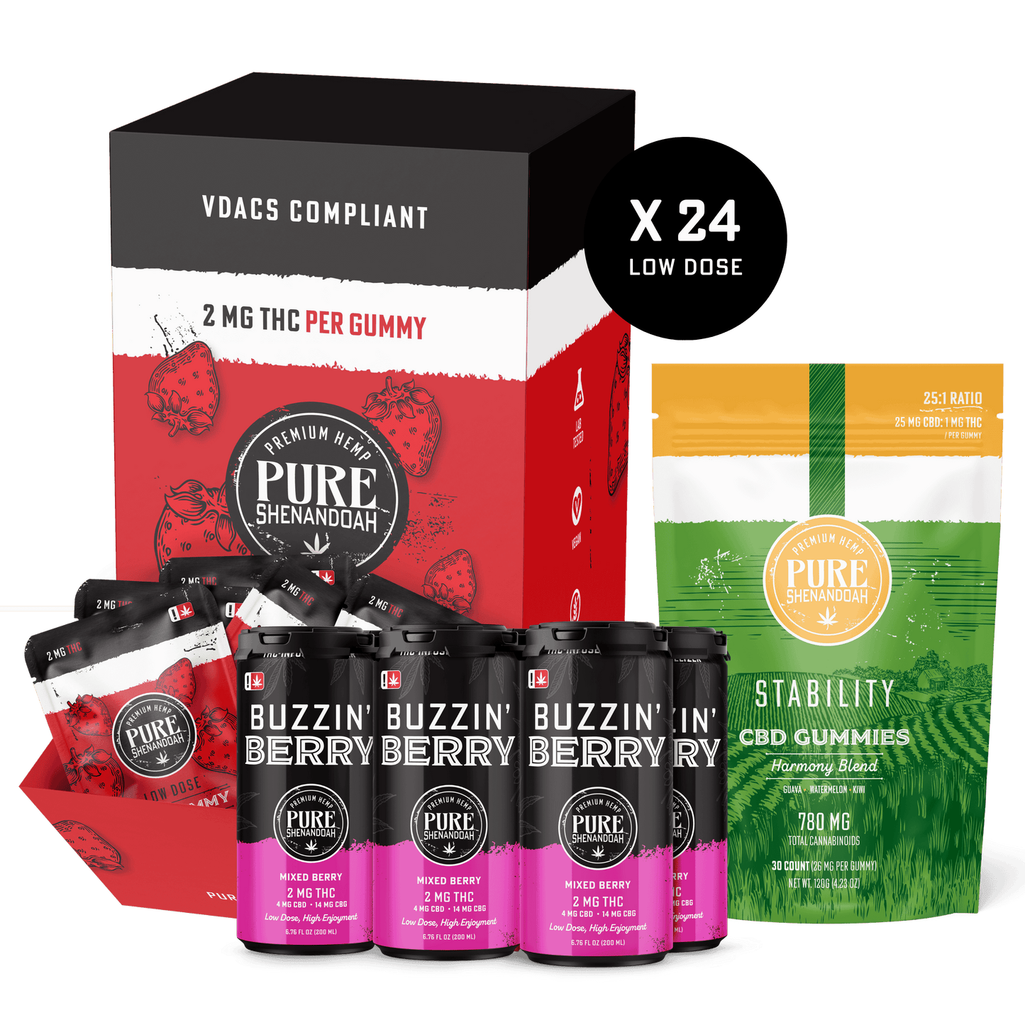 Collection of Pure Shenandoah products including gummies and energy drinks on a white background