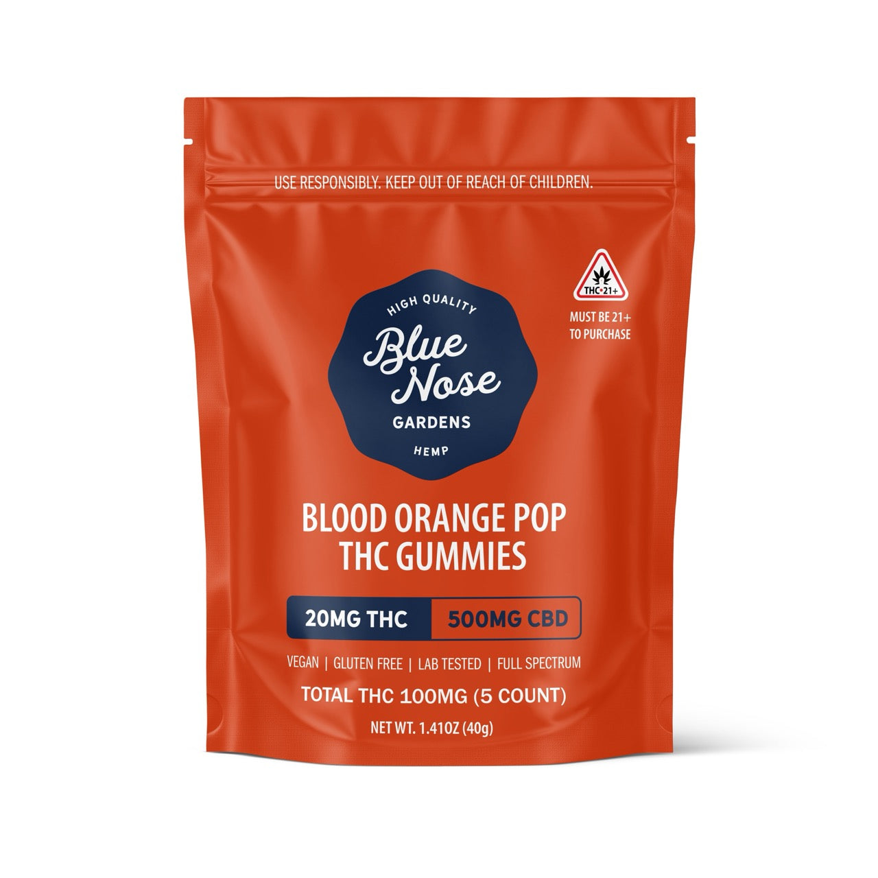 Blue Nose Gardens Blood Orange Pop THC Gummies bag, 20mg THC and 500mg CBD, 5 count package.