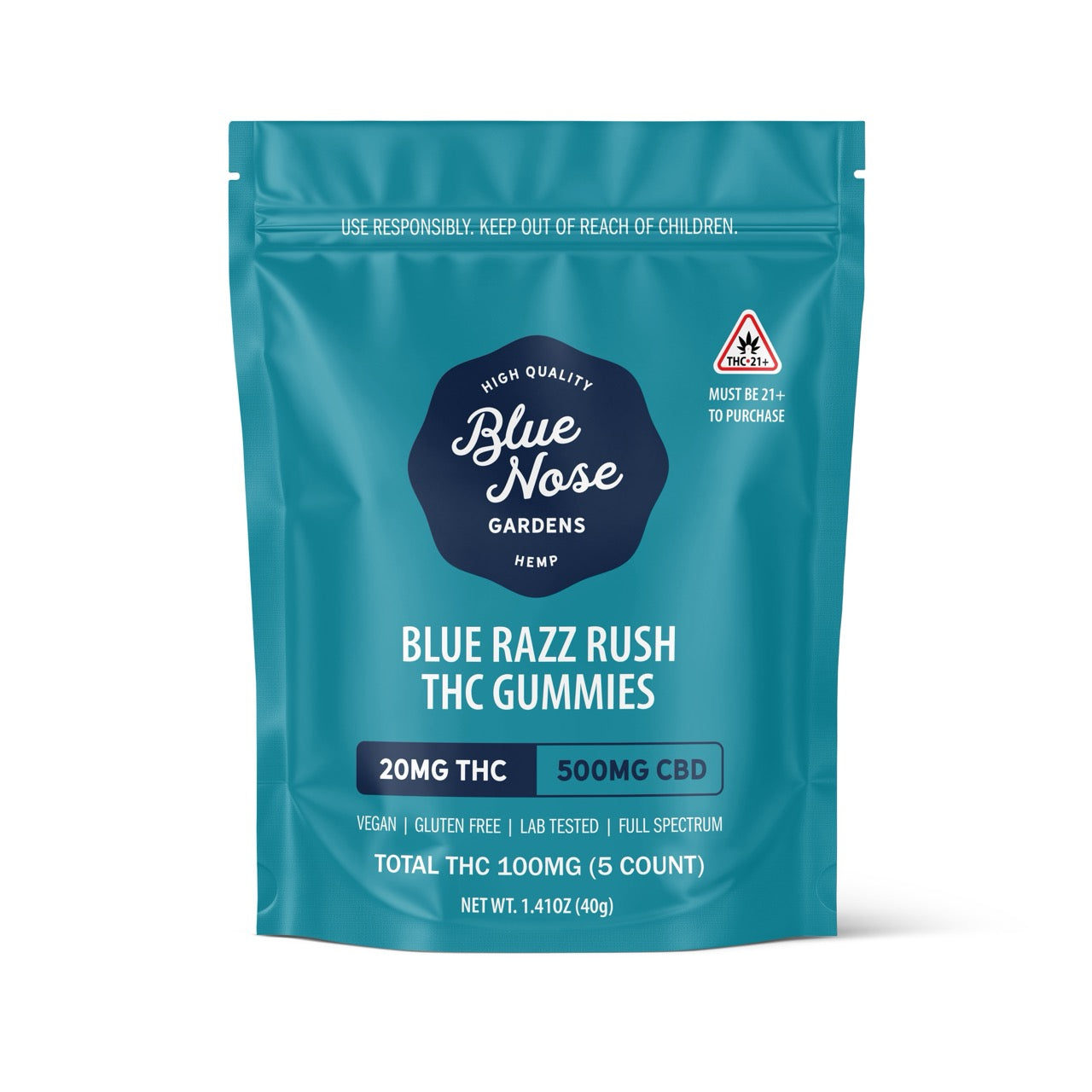 Blue Nose Gardens Blue Razz Rush THC Gummies bag, 20mg THC and 500mg CBD, 5 count package.
