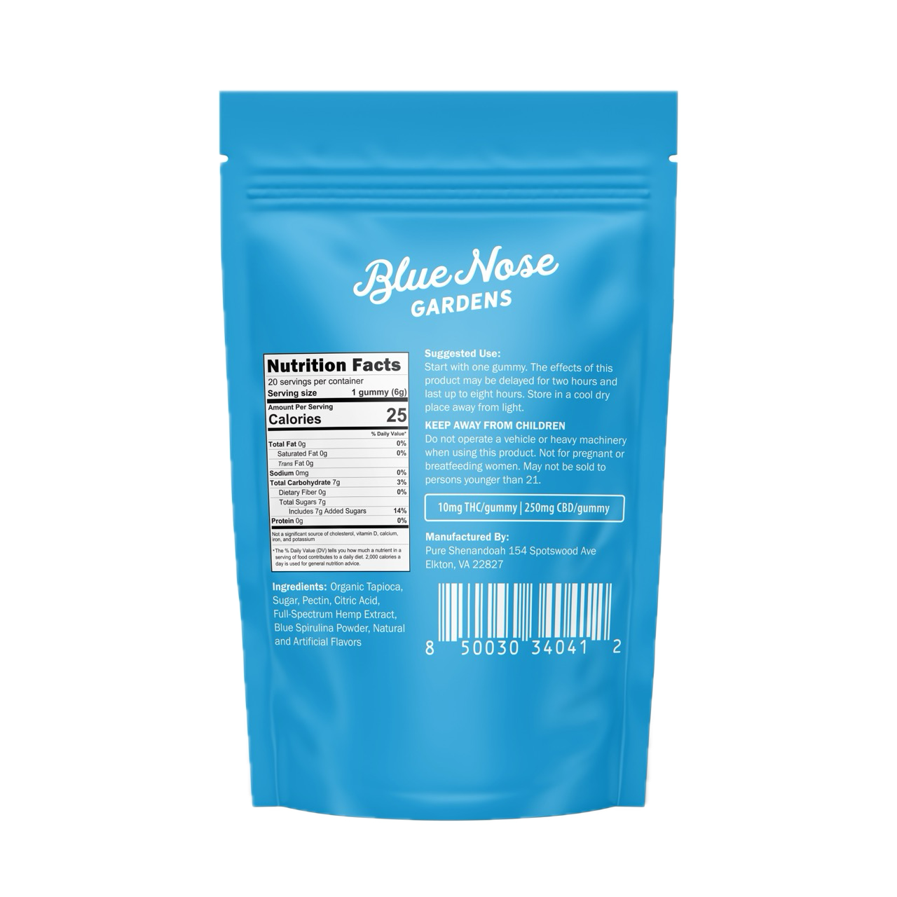 Back of Blue Nose Gardens Blueberry Rush THC Gummies bag with nutrition facts, ingredients, and usage instructions.