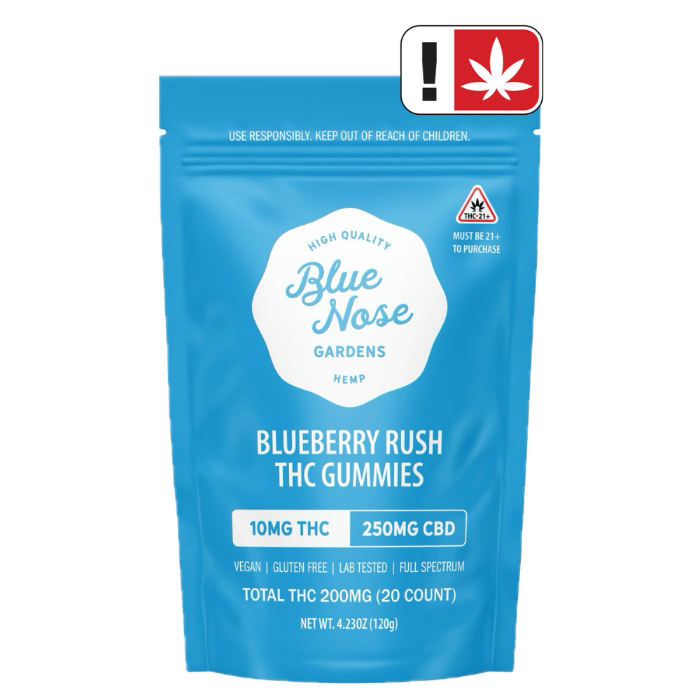 Blue Nose Gardens Blueberry Rush THC Gummies bag, 10mg THC and 250mg CBD, 20 count package.