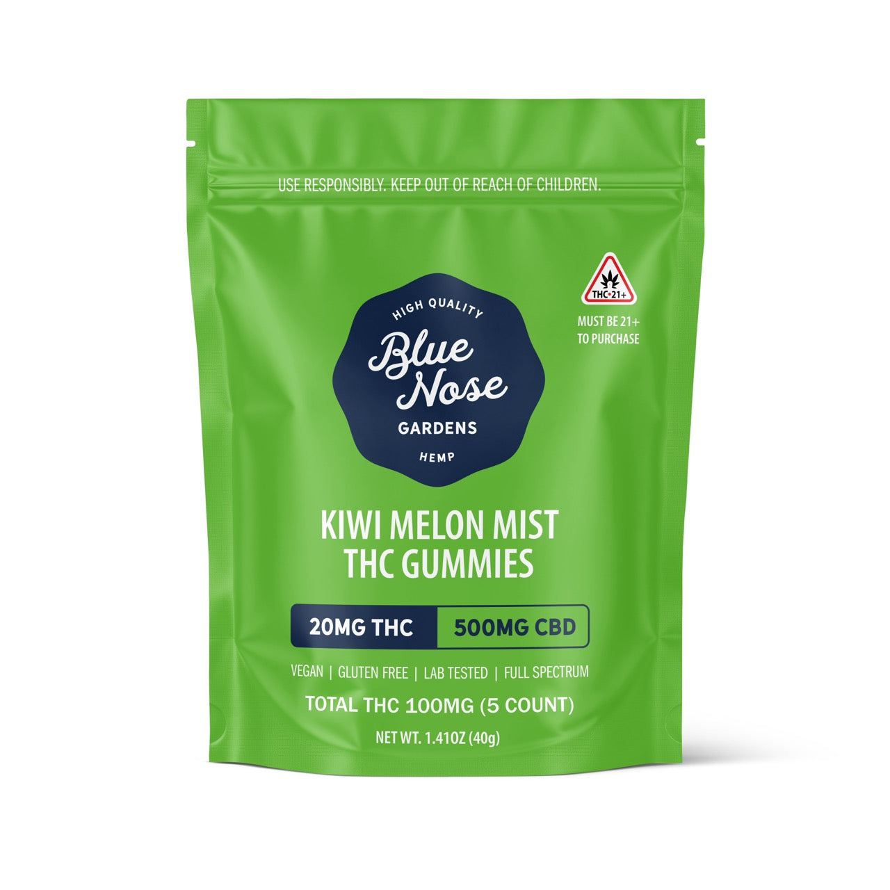 Blue Nose Gardens Kiwi Melon Mist THC Gummies bag, 20mg THC and 500mg CBD, 5 count package.