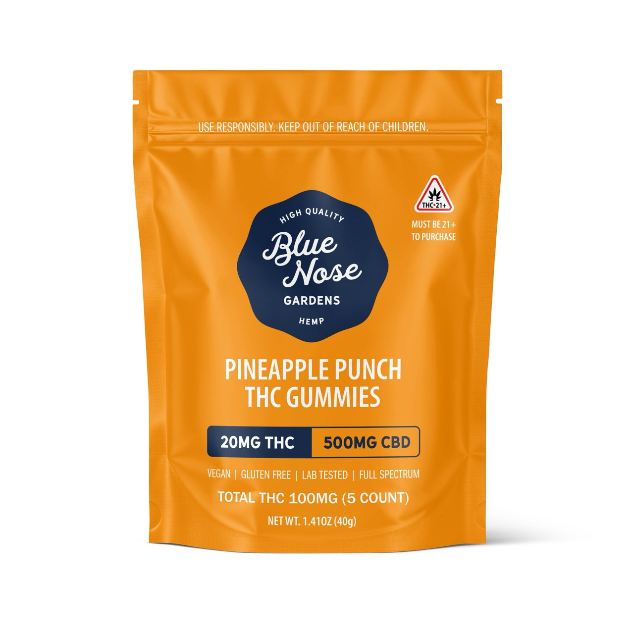 Blue Nose Gardens Pineapple Punch THC Gummies bag, 20mg THC and 500mg CBD, 5 count package.