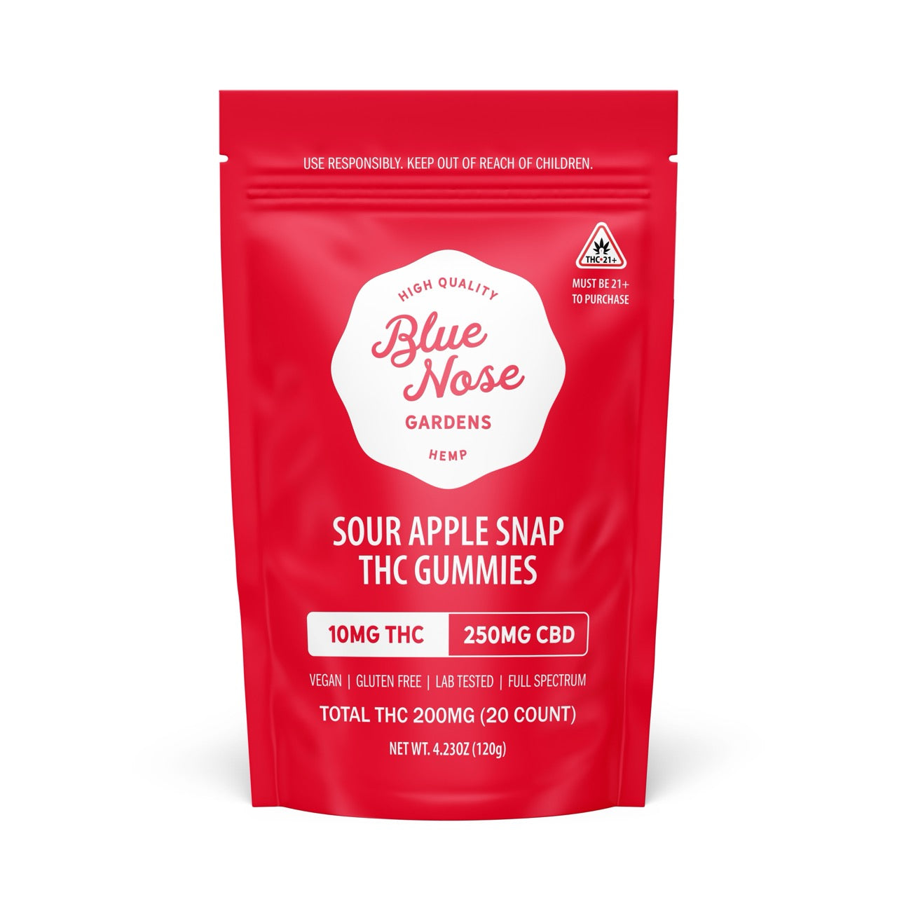 Blue Nose Gardens Sour Apple Snap THC Gummies bag, 10mg THC and 250mg CBD, 20 count package.