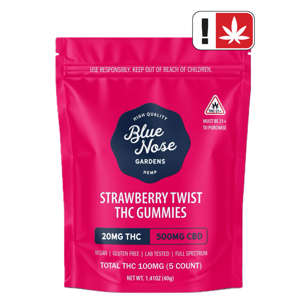 Blue Nose Gardens Strawberry Twist THC Gummies bag, 20mg THC and 500mg CBD, 5 count package.