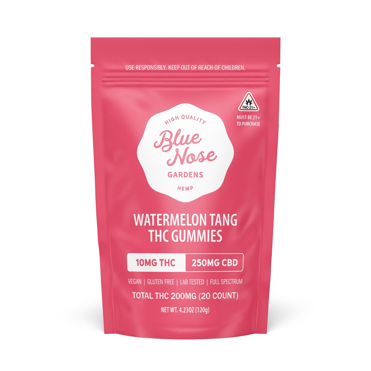 Blue Nose Gardens Watermelon Tang THC Gummies bag, 10mg THC and 250mg CBD, 20 count package.