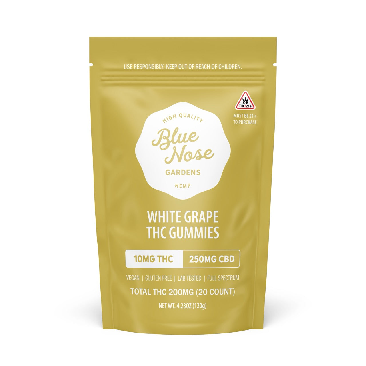 Blue Nose Gardens White Grape THC Gummies bag, 10mg THC and 250mg CBD, 20 count package.