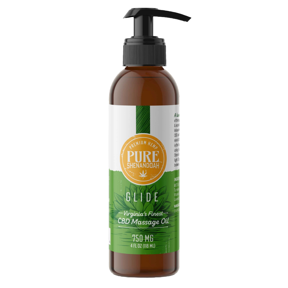 Pure Shenandoah Glide CBD Massage Oil, 750 mg, 4 fl oz pump bottle with green label design.