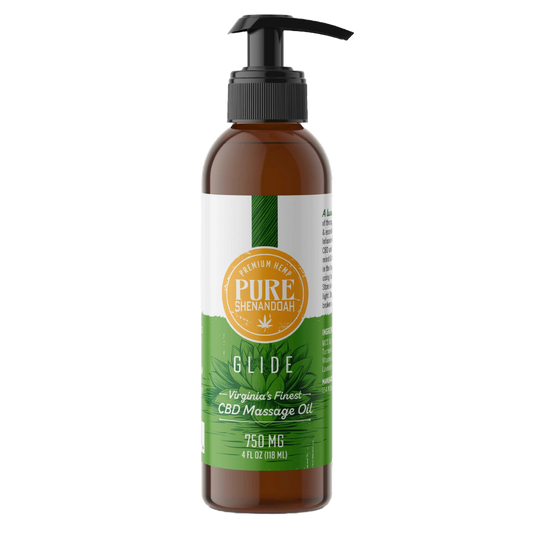 Pure Shenandoah Glide CBD Massage Oil, 750 mg, 4 fl oz pump bottle with green label design.