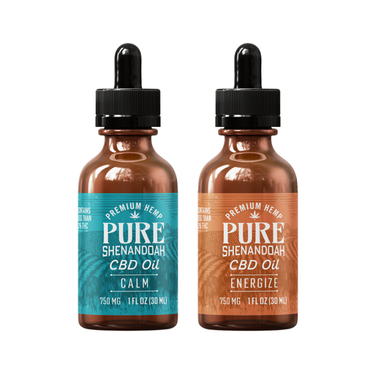 Pure Shenandoah AM/PM CBD Oil Bundle featuring Energize 750mg and Calm 750mg tinctures with bundle and save offer.