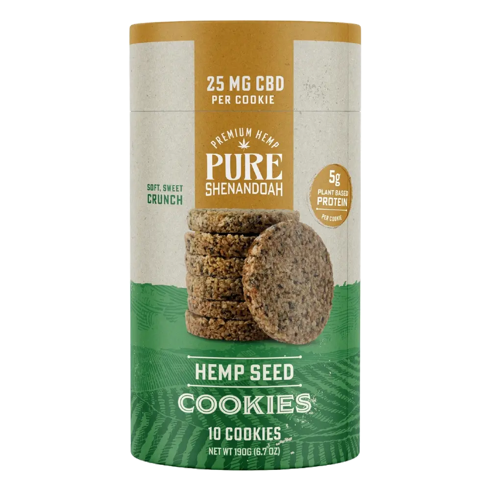 Pure Shenandoah CBD Hemp Seed Cookies package. Features 25mg CBD per cookie, 5g plant-based protein, and a stack of cookies in front of the container.