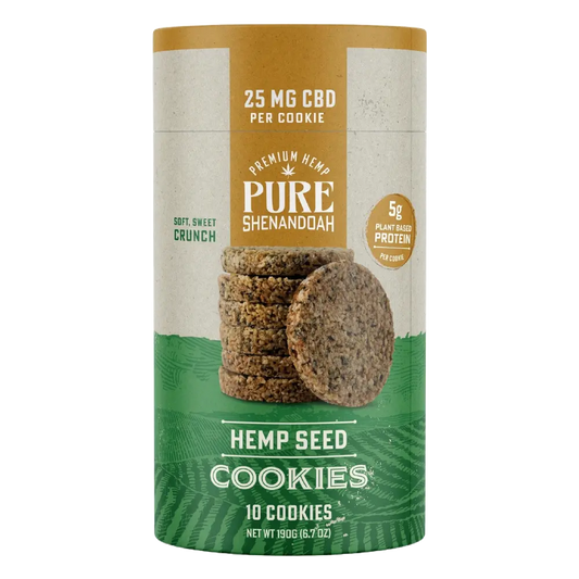 Pure Shenandoah CBD Hemp Seed Cookies package. Features 25mg CBD per cookie, 5g plant-based protein, and a stack of cookies in front of the container.