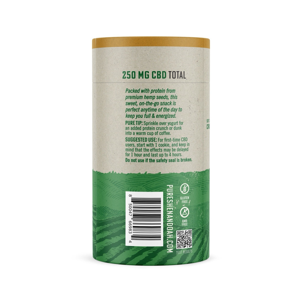 Back view of Pure Shenandoah CBD Hemp Seed Cookies package showing nutrition facts, 250mg CBD total, barcode, and product details.