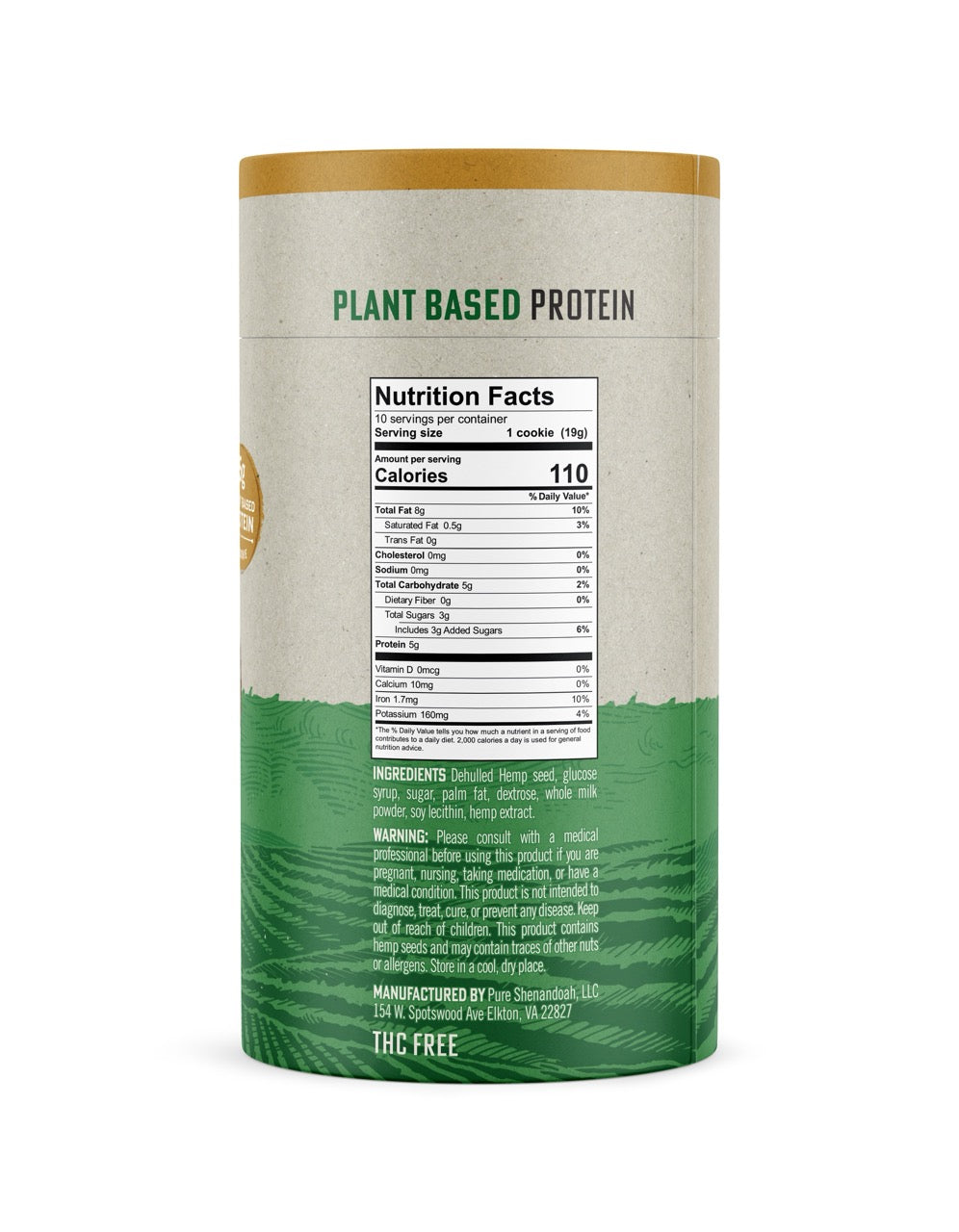 Pure Shenandoah CBD Hemp Seed Cookies package showing plant-based protein label, nutrition facts, and ingredients panel.