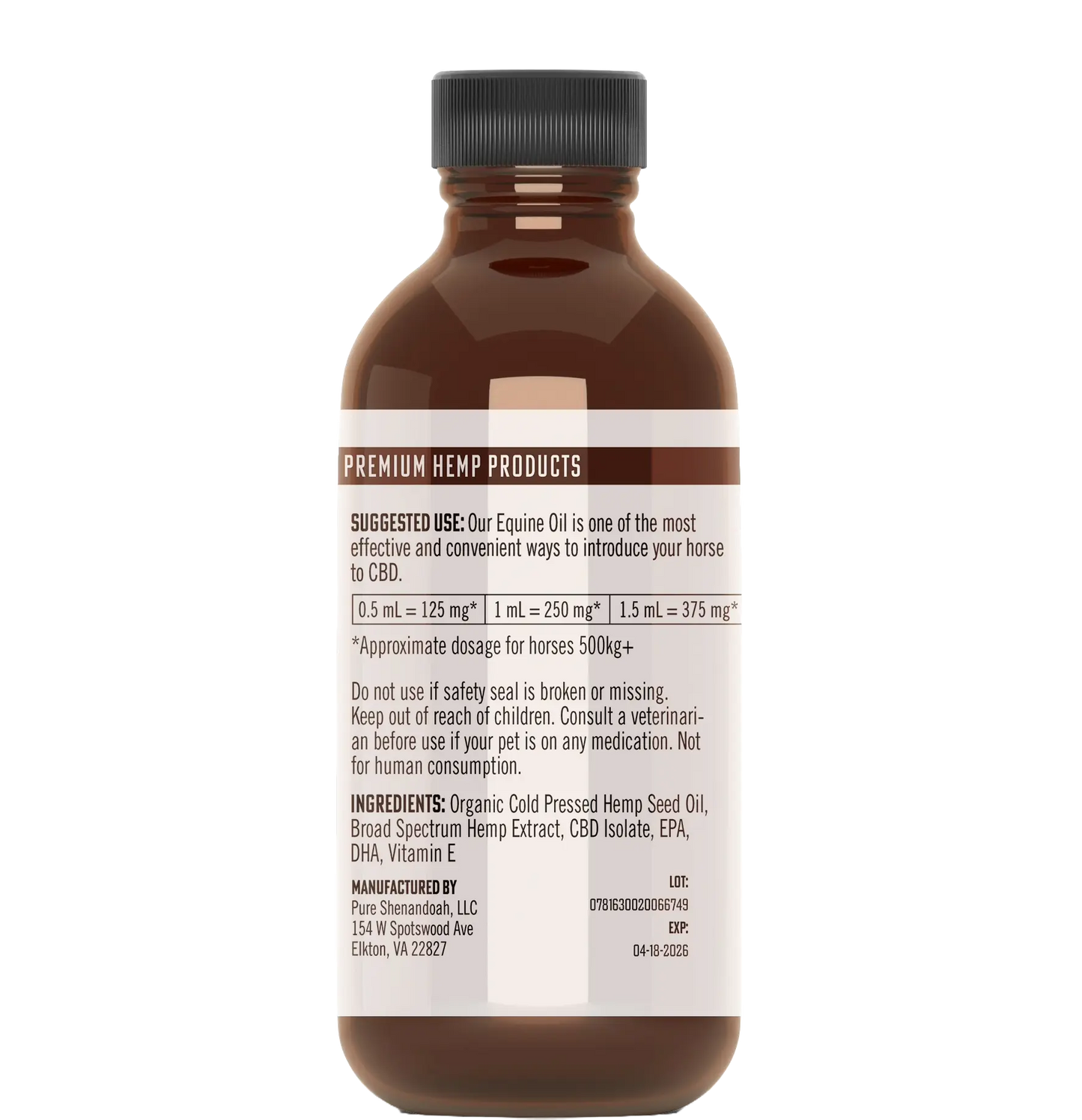 Back label of Pure Shenandoah Equine CBD Oil bottle showing suggested use, ingredients, dosage chart, and manufacturer information.