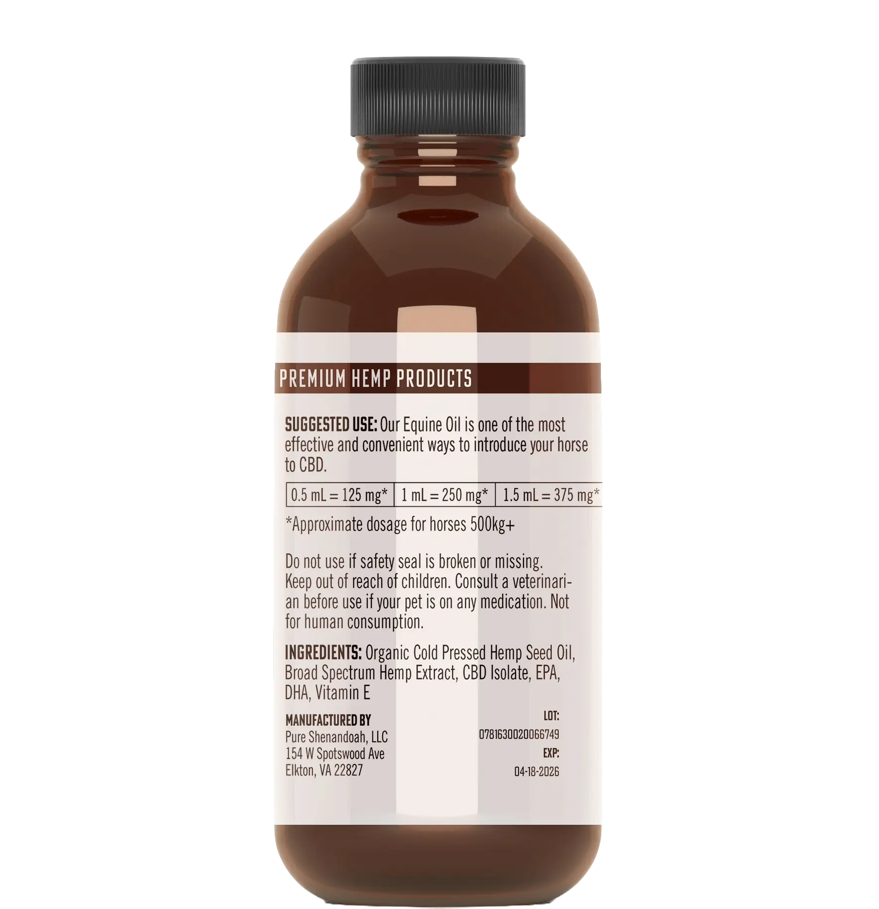 Back label of Pure Shenandoah Equine CBD Oil bottle showing suggested use, ingredients, dosage chart, and manufacturer information.