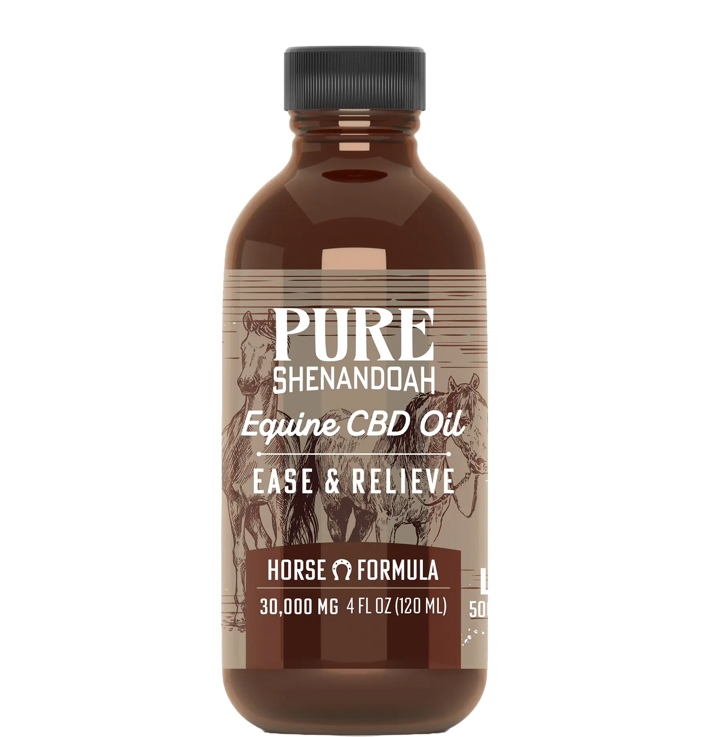 Pure Shenandoah Equine CBD Oil bottle, Ease & Relieve Horse Formula with 30,000mg CBD in 4oz size.