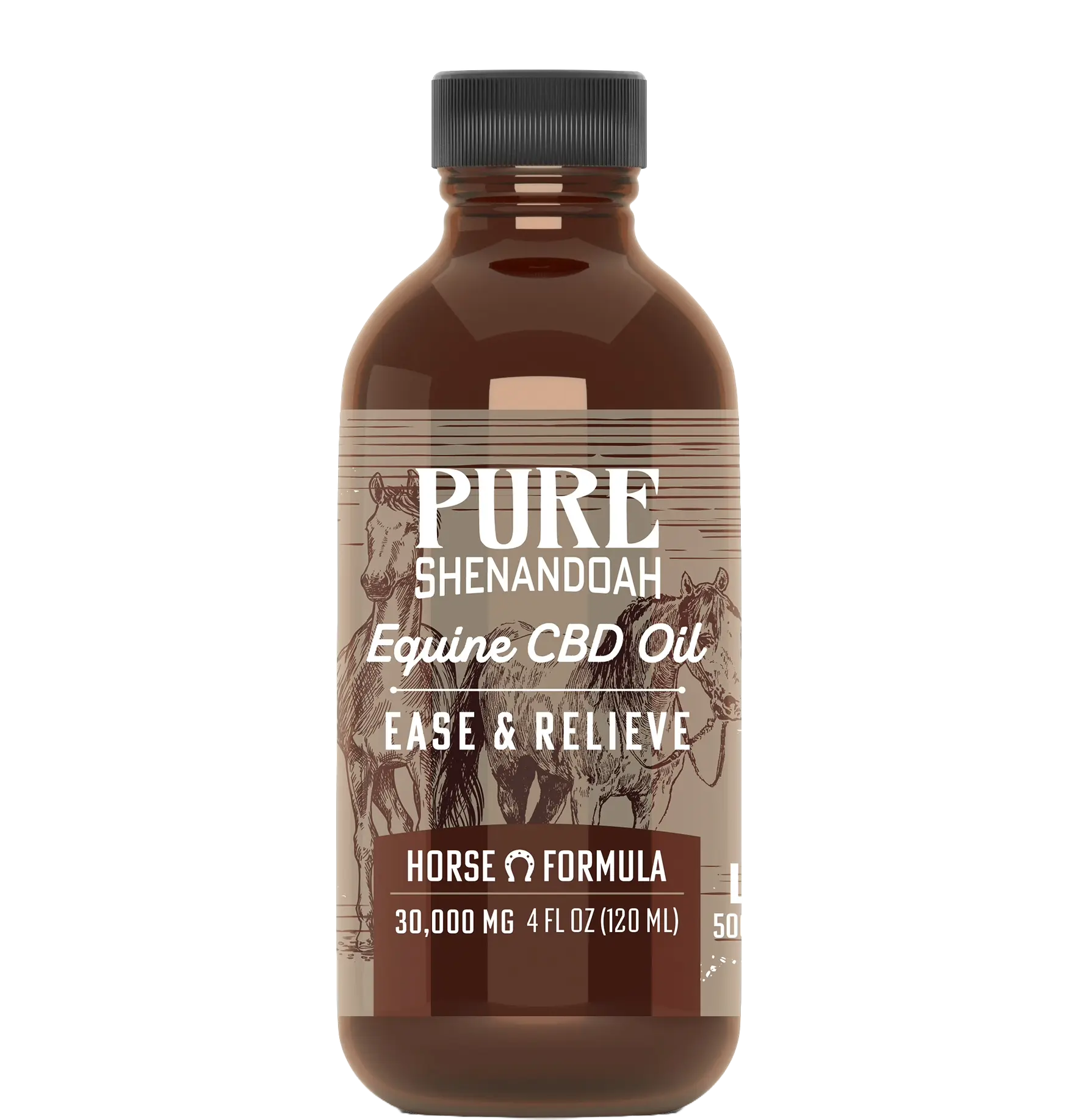 Pure Shenandoah Equine CBD Oil bottle, Ease & Relieve Horse Formula with 30,000mg CBD in 4oz size.