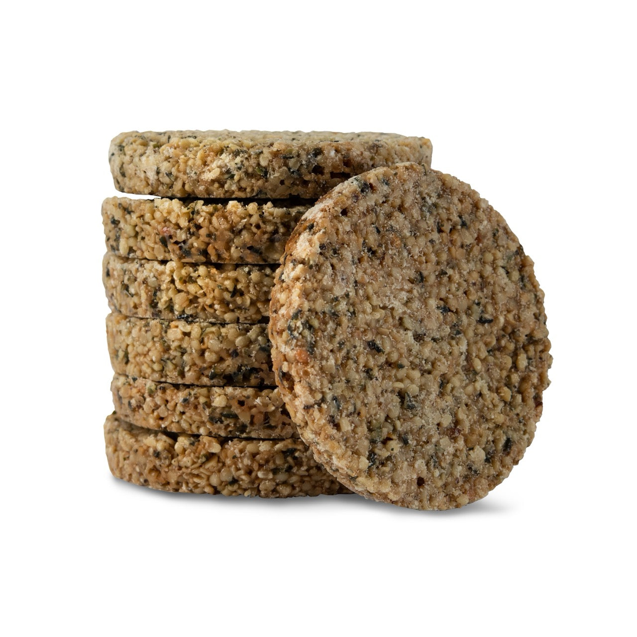 Stack of Pure Shenandoah Hemp Seed Cookies with visible texture and seeds on a white background.