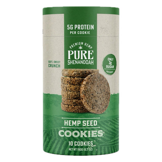 Pure Shenandoah Hemp Seed Cookies container with 10 cookies, 5g protein per cookie, and only 3g sugar.