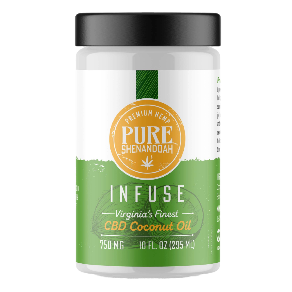 Front view of Pure Shenandoah Infuse CBD Coconut Oil 10 fl oz jar with 750 mg CBD, featuring the brand logo and green label design.