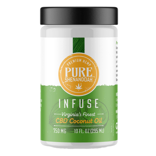 Front view of Pure Shenandoah Infuse CBD Coconut Oil 10 fl oz jar with 750 mg CBD, featuring the brand logo and green label design.