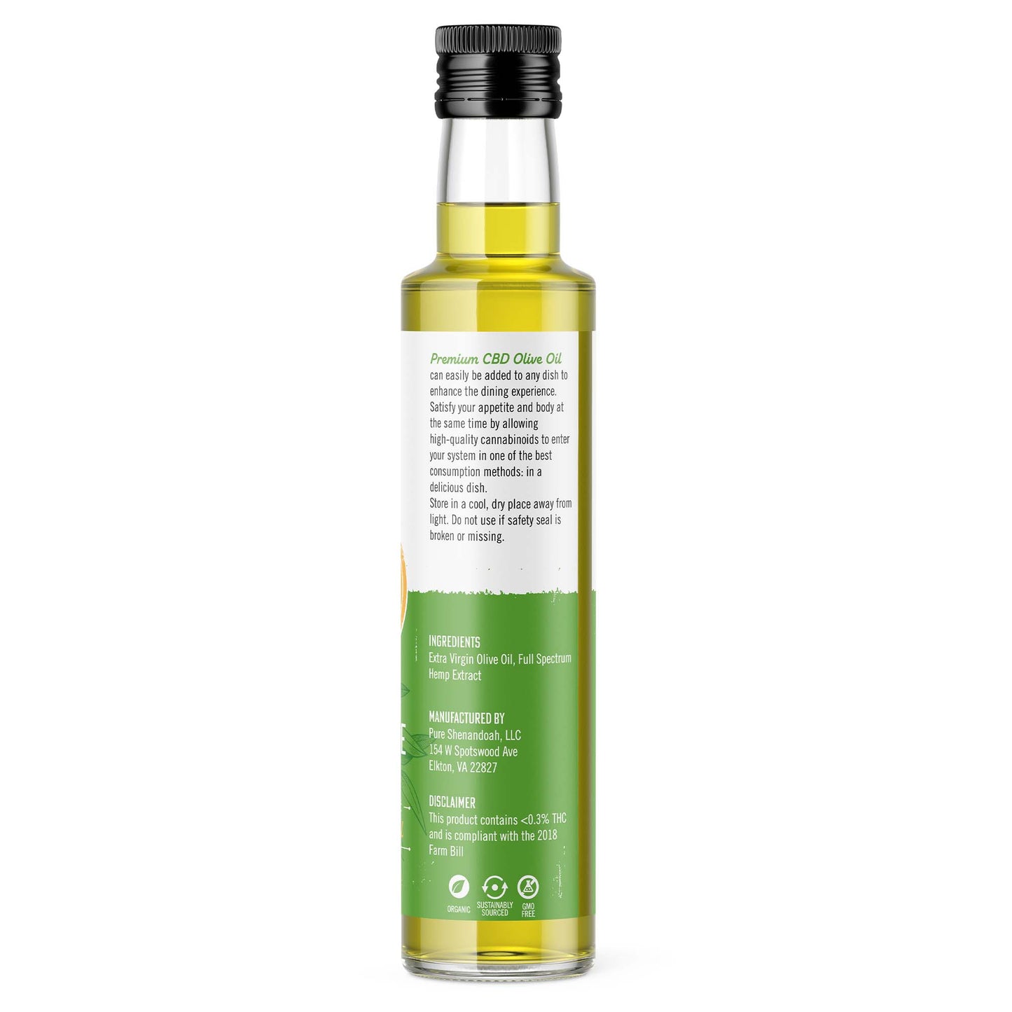 Side view of Pure Shenandoah Infuse CBD Olive Oil 250 ml bottle, showing ingredients, manufacturer details, and compliance information.