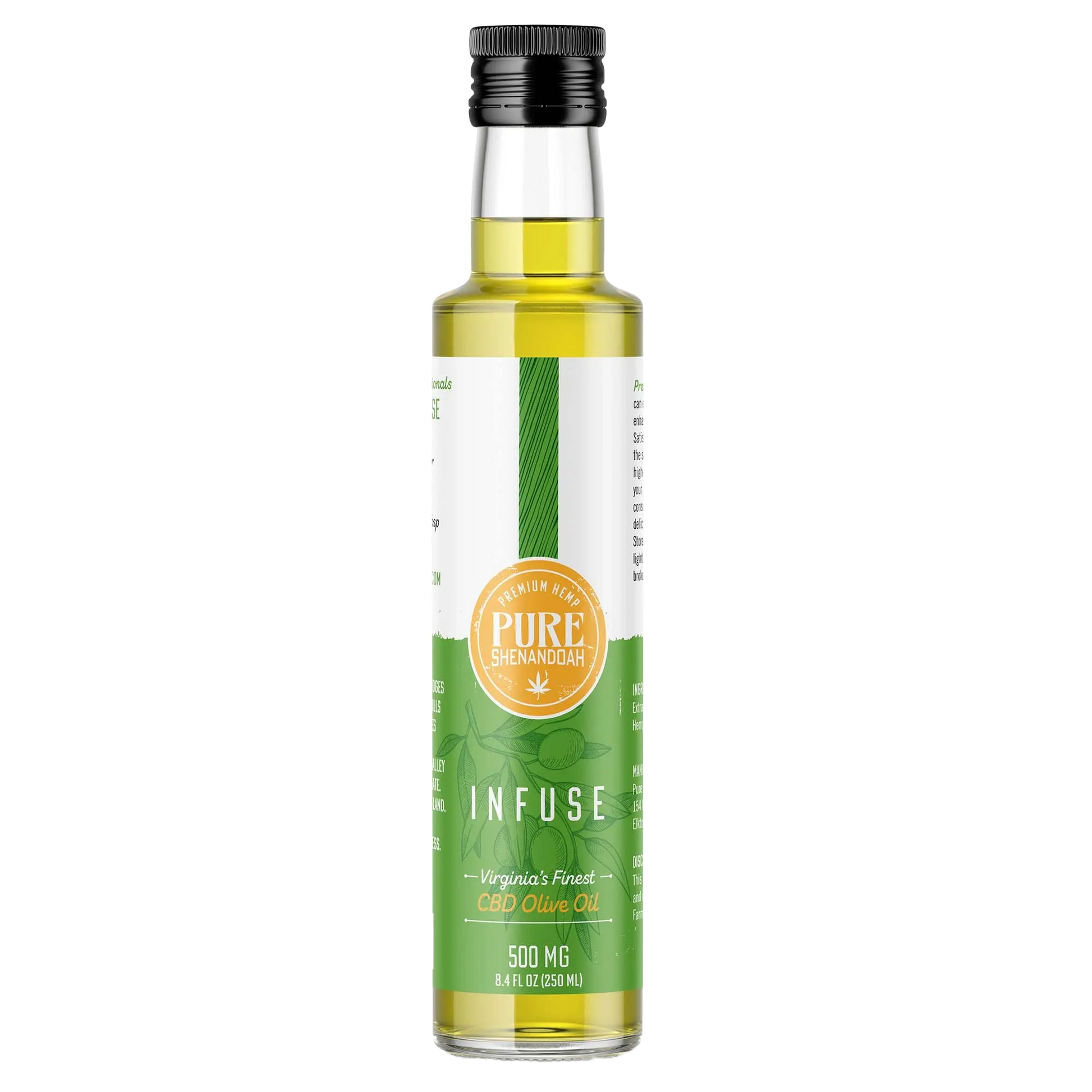 Pure Shenandoah Infuse CBD Olive Oil in a 250 ml glass bottle with green and white label, showing 500 mg CBD infusion.