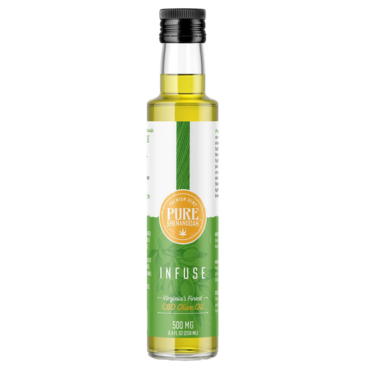 Pure Shenandoah Infuse CBD Olive Oil in a 250 ml glass bottle with green and white label, showing 500 mg CBD infusion.