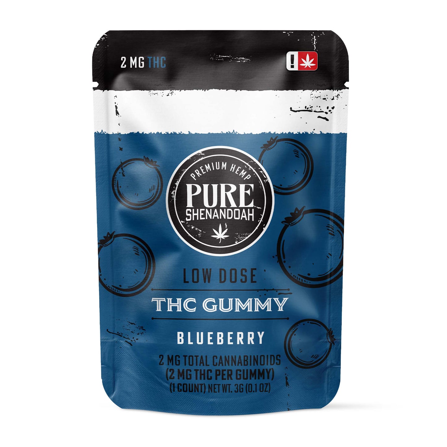Pure Shenandoah Low Dose THC Gummy Blueberry flavor, blue pouch packaging, 2mg THC per gummy.