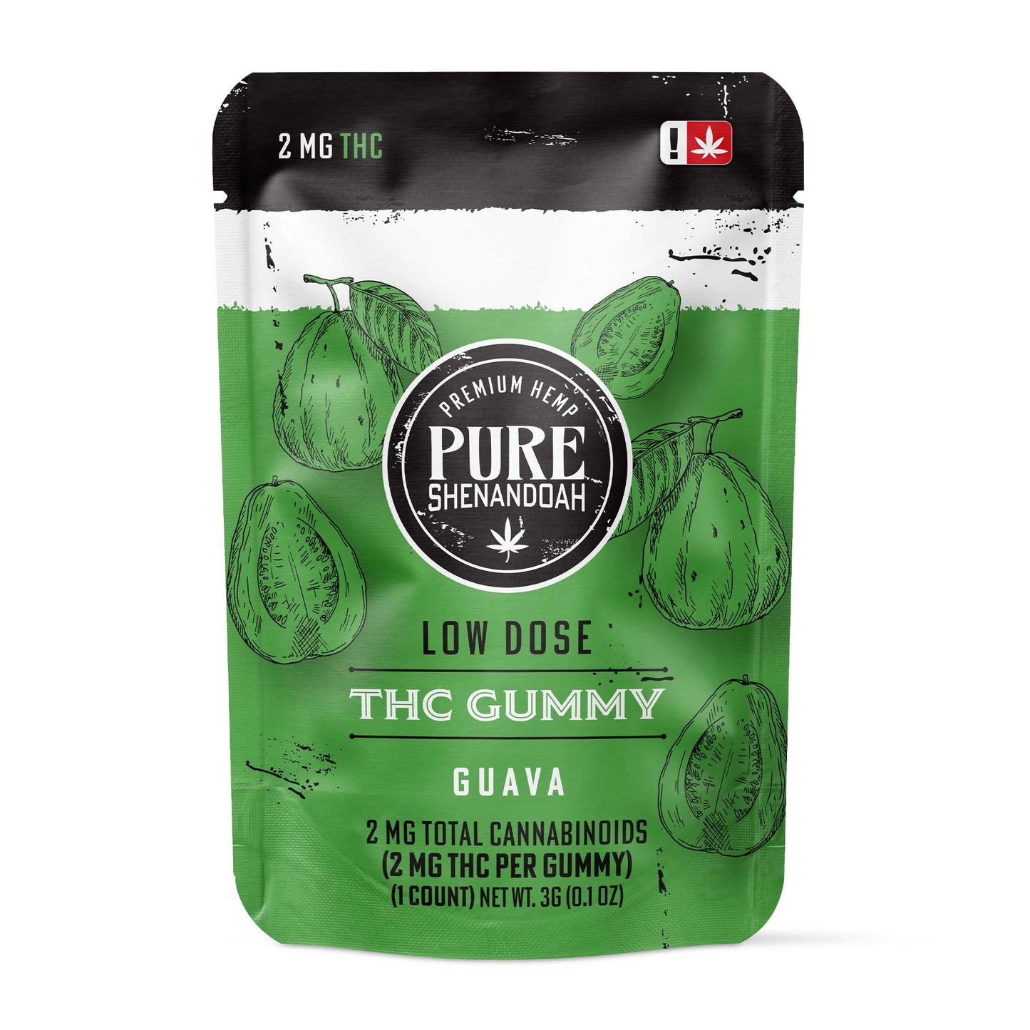 Pure Shenandoah Low Dose THC Gummy Guava flavor, green pouch packaging, 2mg THC per gummy.
