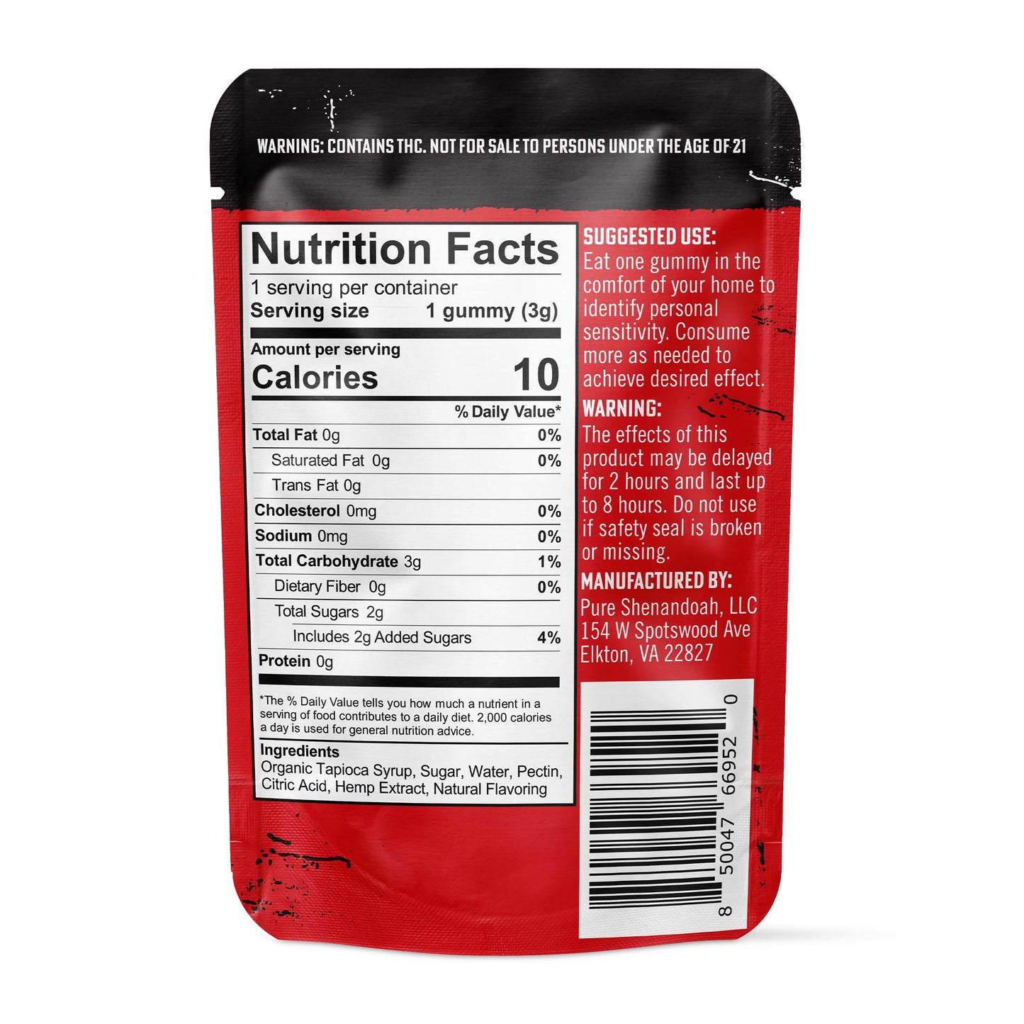 Back of Pure Shenandoah Low Dose THC Gummy Strawberry pouch, showing nutrition facts, suggested use, and ingredients.