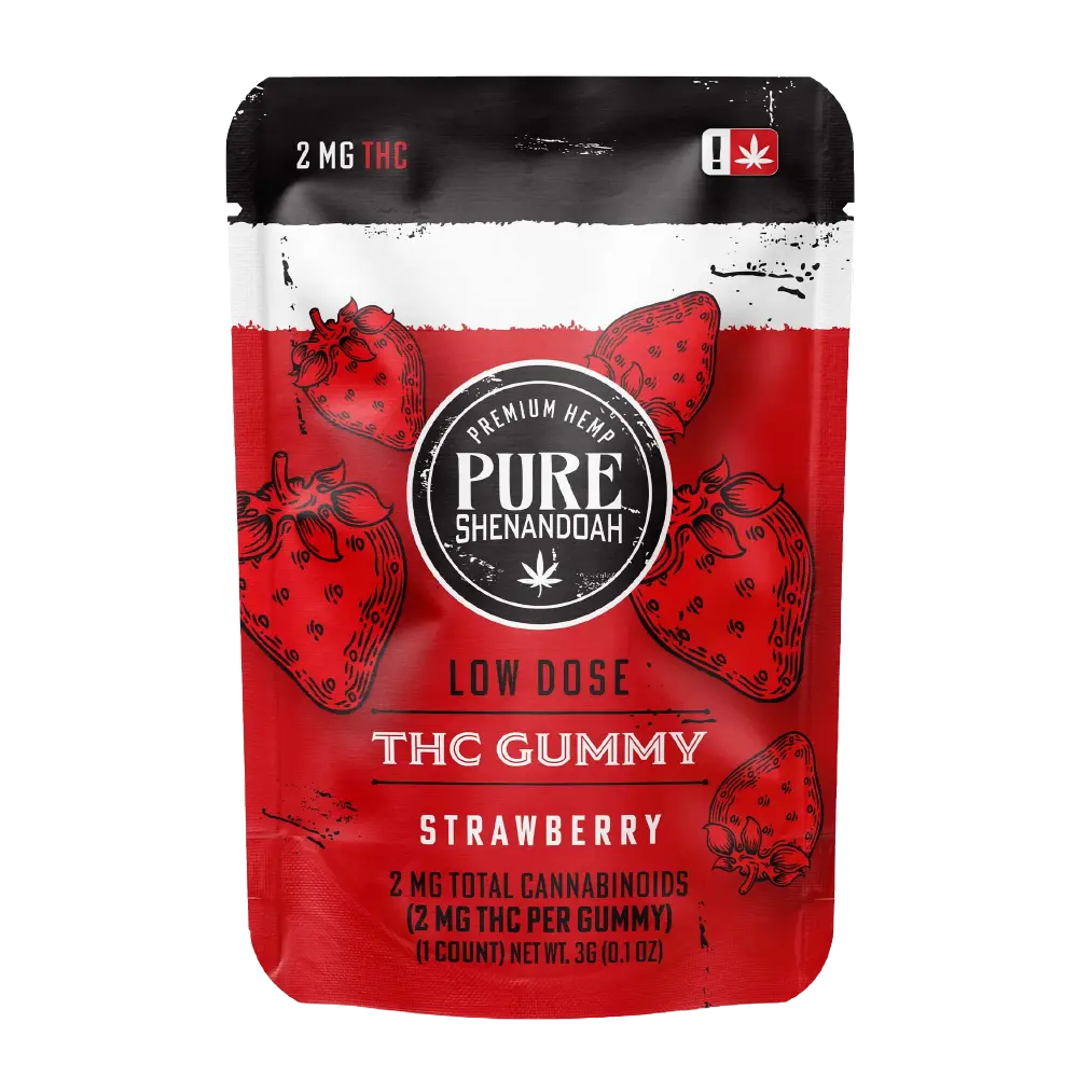 Pure Shenandoah Low Dose THC Gummy Strawberry flavor, 2mg THC per gummy, single pouch packaging