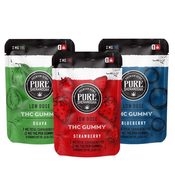 Pure Shenandoah Low Dose THC Gummies in three flavors: Guava, Strawberry, and Blueberry, 2mg THC per gummy, front pouch packaging