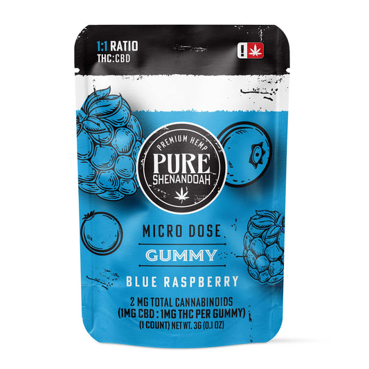 Pure Shenandoah Micro Dose THC Gummy Blue Raspberry pouch, 1:1 ratio with 1mg CBD and 1mg THC per gummy, single count packaging.