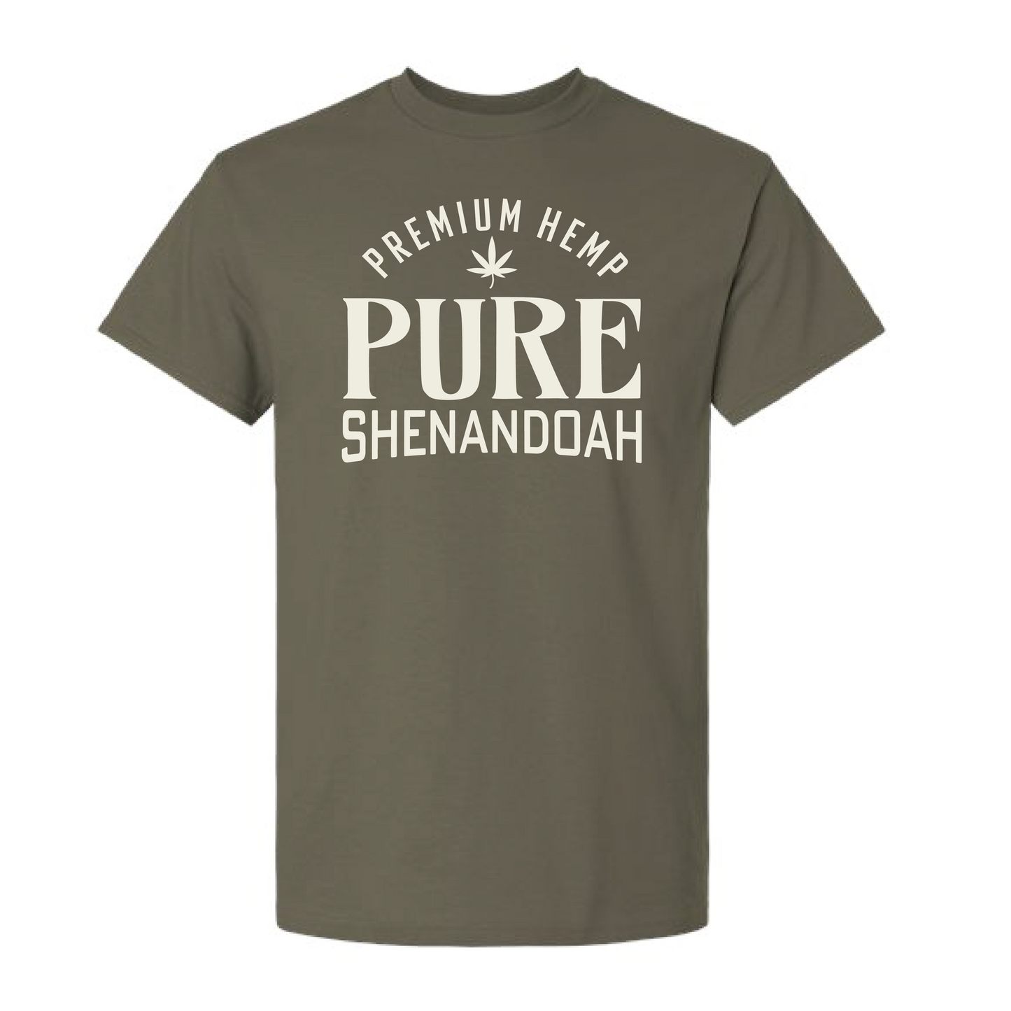 Olive green Pure Shenandoah t-shirt with Premium Hemp logo and text on the front.