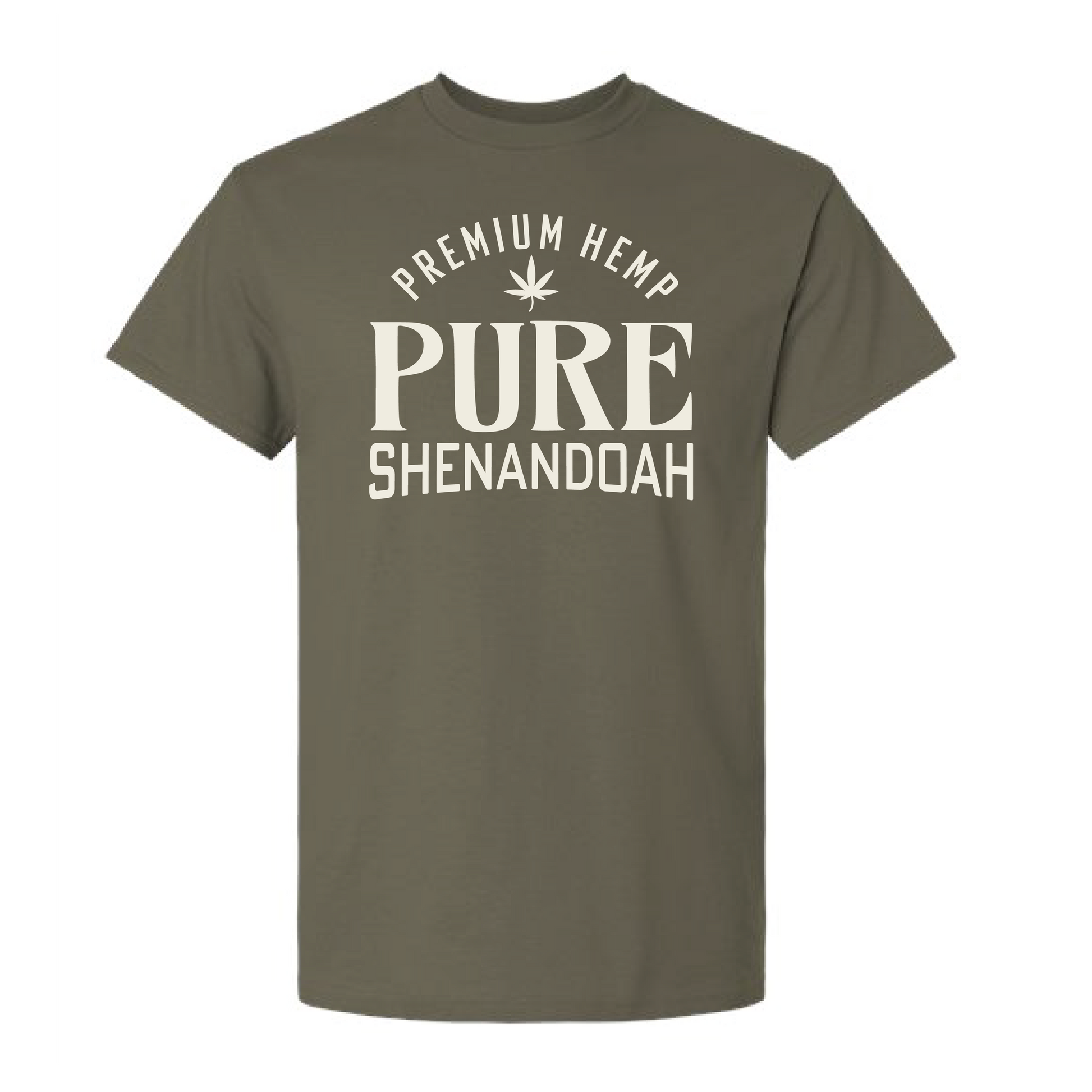 Olive green Pure Shenandoah t-shirt with Premium Hemp logo and text on the front.