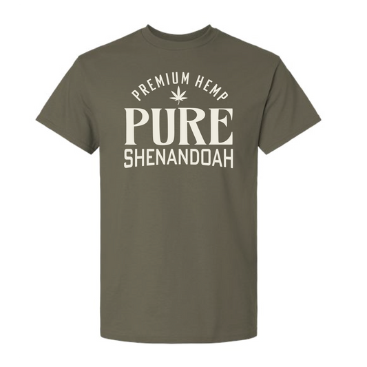 Olive green Pure Shenandoah t-shirt with Premium Hemp logo and text on the front.
