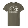 Olive green Pure Shenandoah t-shirt with Premium Hemp logo and text on the front.
