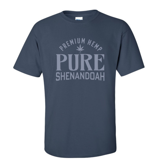 Dusk blue short sleeve t-shirt with Pure Shenandoah Premium Hemp logo printed on the front.