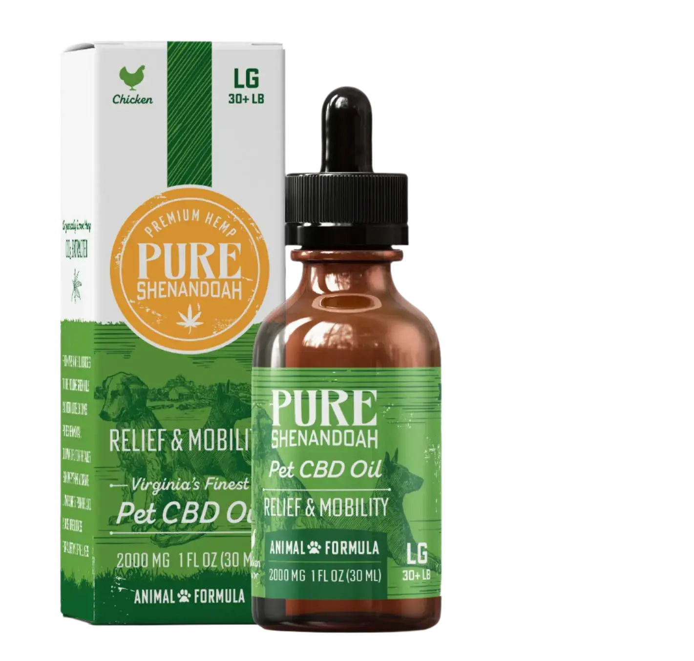 Pure Shenandoah Relief & Mobility Pet CBD Oil 2000mg bottle with dropper, shown next to product packaging box featuring green label and dog illustration.