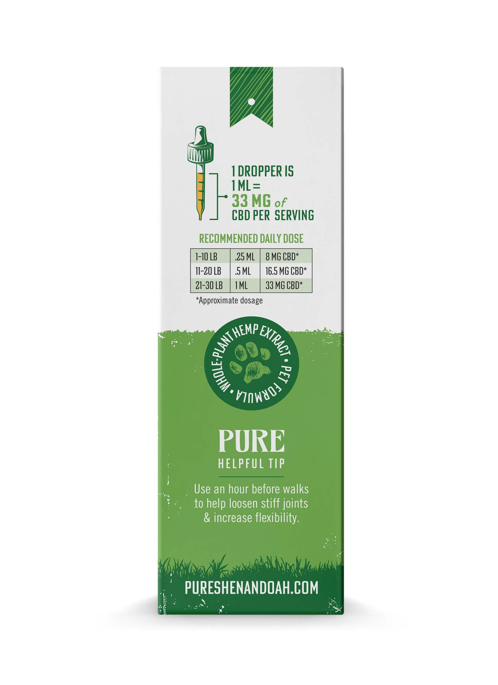Back of Pure Shenandoah Relief & Mobility Pet CBD Oil 1000mg box, showing dosage chart, dropper instructions, and Pure branding on green packaging.