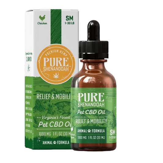 Pure Shenandoah Relief & Mobility Pet CBD Oil, 1000mg formula in amber dropper bottle with green box packaging, small dog size (1–30 lbs).