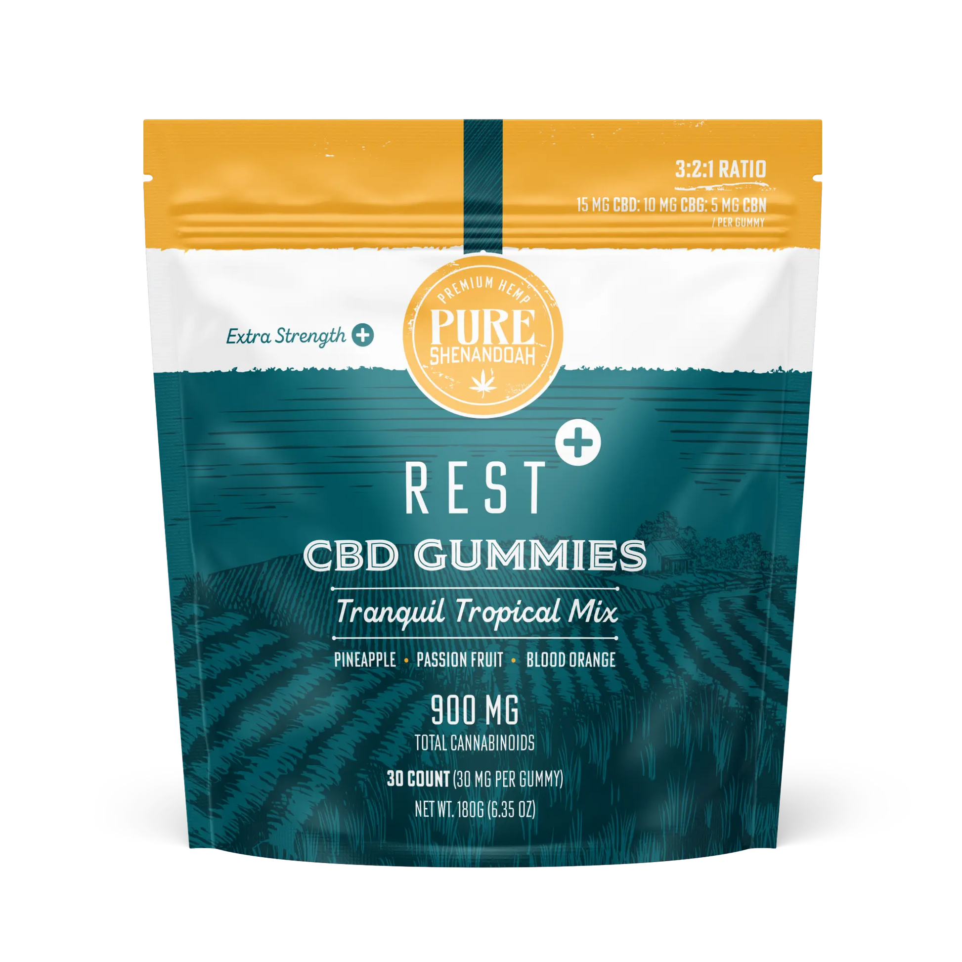 Front view of Pure Shenandoah Rest Plus CBD Gummies 30-count pouch, tropical mix flavor (pineapple, passion fruit, blood orange), labeled with 900 mg cannabinoids and 3:2:1 ratio of CBD, CBG, and CBN.