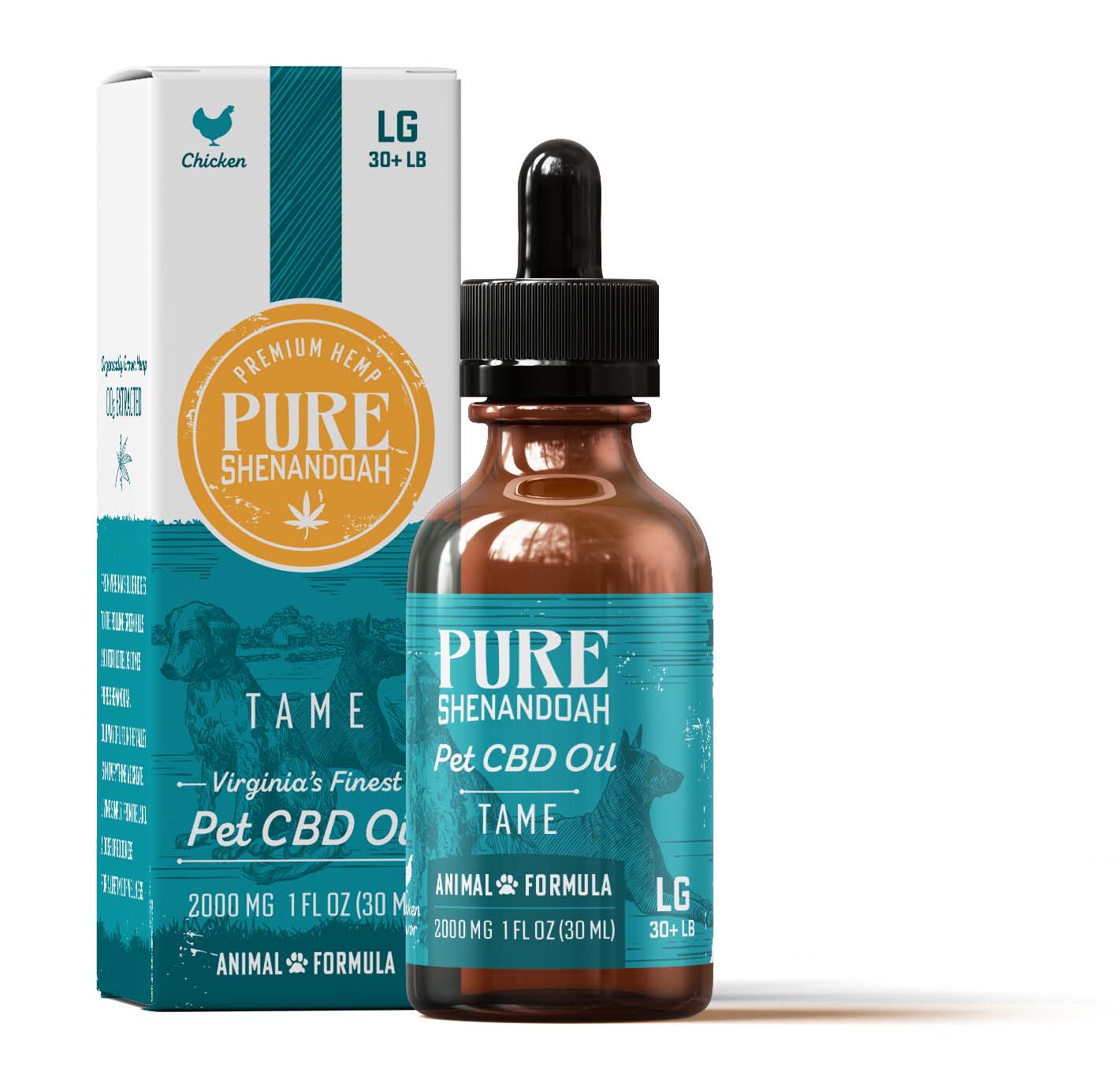 Pure Shenandoah Tame Pet CBD Oil 2000mg for large pets, amber dropper bottle displayed with product box packaging.