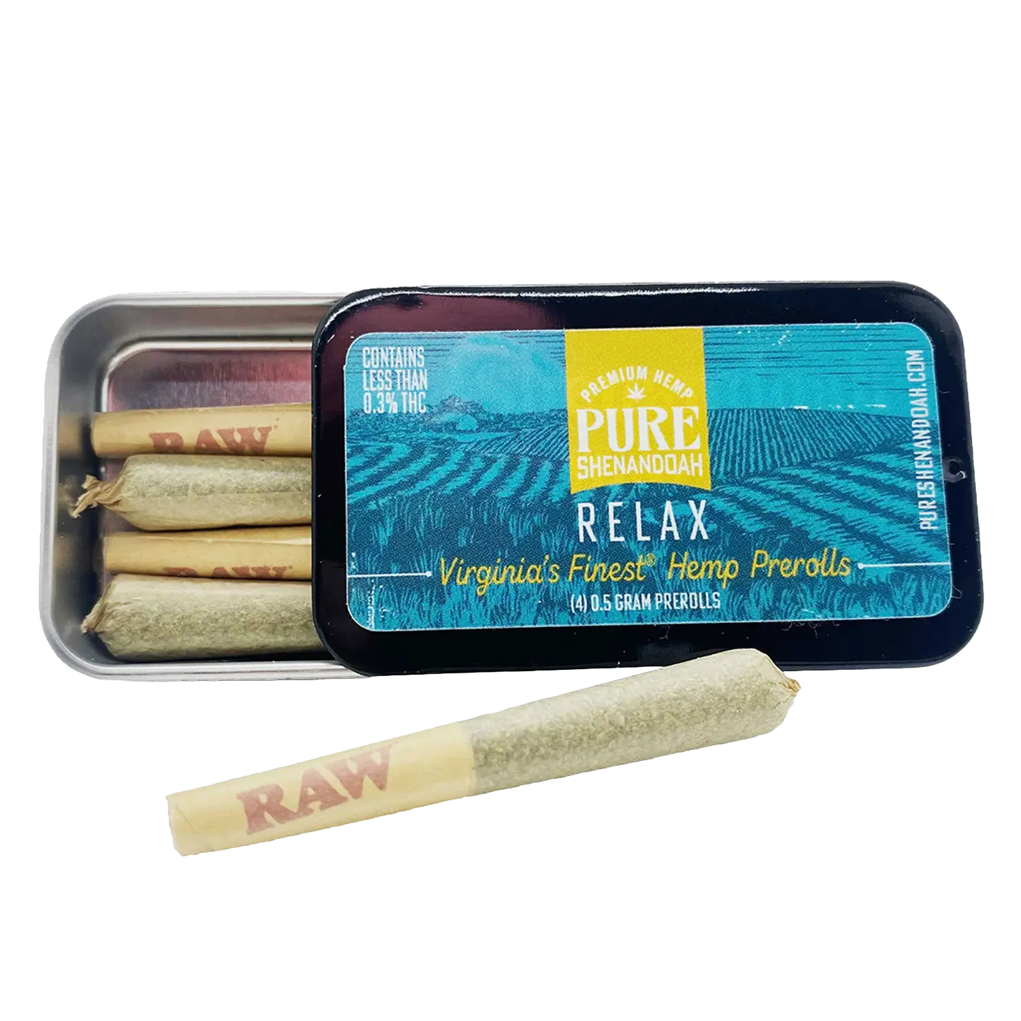 Pure Shenandoah Relax Pre-Rolls tin, blue and yellow packaging labeled "Virginia’s Finest Hemp Prerolls," open tin with 0.5 g hemp pre-rolls and one displayed in front.